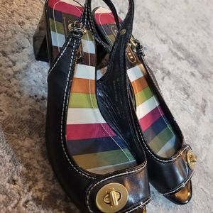 Coach black sling back peep toe chunky low heel
